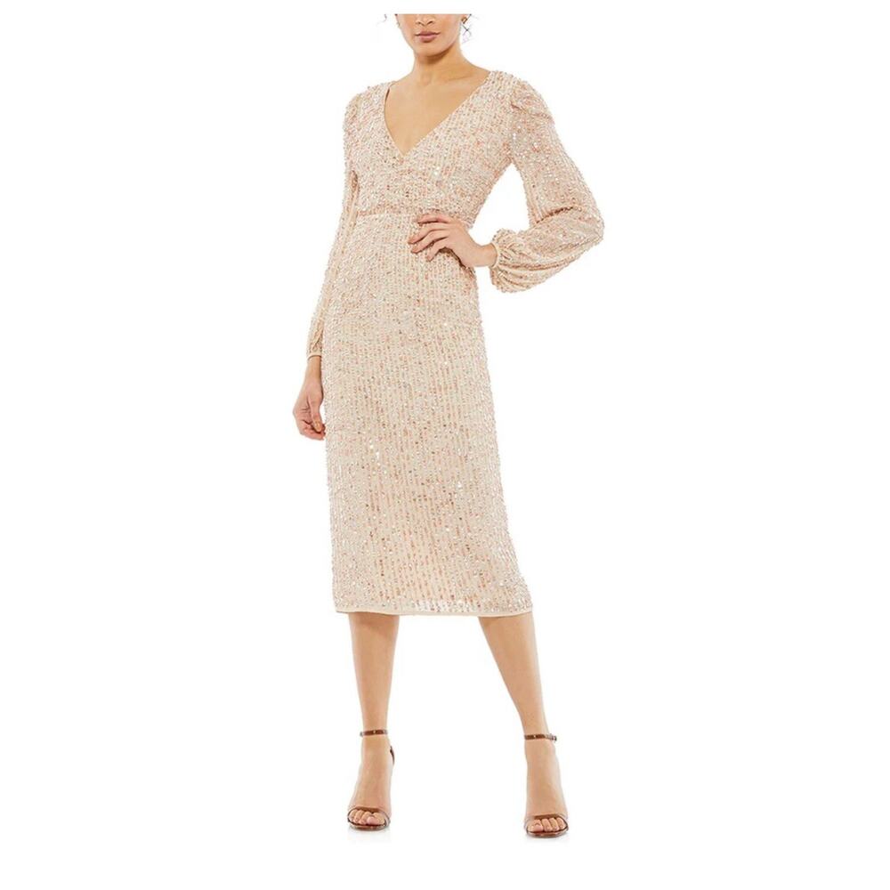 Mac Duggal Sequin Beaded Long Sleeve Midi Dress Size 6 Nude Champagne Formal NWT